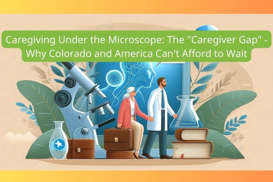 An illustration depicting a woman with a briefcase and a man in a lab coat, standing amidst lab equipment including a microscope, beakers, and books, with a brain scan visible on a background screen. The text overlay reads: 'Caregiving Under the Microscope: The "Caregiver Gap" - Why Colorado and America Can't Afford to Wait'