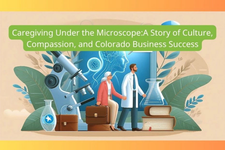 An illustration featuring a woman with a briefcase and a man in a lab coat, standing near a microscope, beakers, and books, with a brain scan on a screen in the background. The text overlay reads: 'Caregiving Under the Microscope: A Story of Culture, Compassion, and Colorado Business Success'.